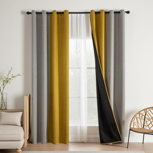 F-CHU 100% Blackout Curtains for Bedroom Grey and Mustard Yellow Patchwork Curtains Thermal Insulated Room Darkening Window Drapes for Living Room Grommet 63 inch Long 2 Panels