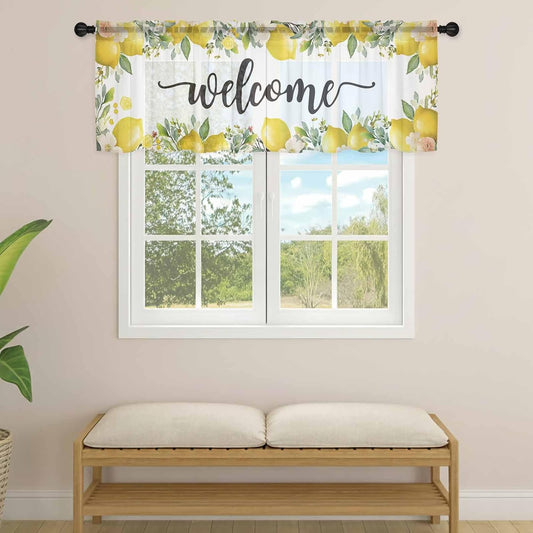 Country Sheer Curtain 18 Inch Long Welcome Yellow Lemon Farm White Background Light Filtering Rod Pocket Voile Curtain Valance for Bedroom Kitchen Cafe Window 54" W x 18" L