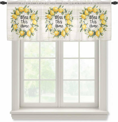 Country Farm Bless This Home Sheer Curtain 18 Inch Long Yellow Lemon Linen Texture Light Filtering Rod Pocket Voile Curtain Valance for Bedroom Kitchen Cafe Window 54" W x 18" L