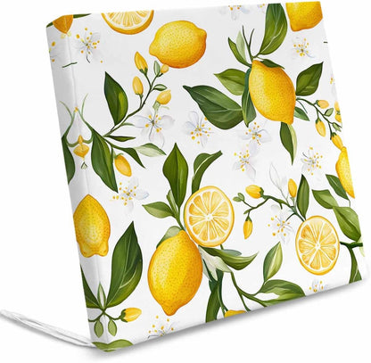 Lemon Summer Outdoor Cushion Cover Floral Lemon Yellow Green Waterproof Patio Chair Seat Slipcovers with Zipper & Tie Couch Cushion Covers Furniture Protector, 2 Pcs, 20"x18"x4"