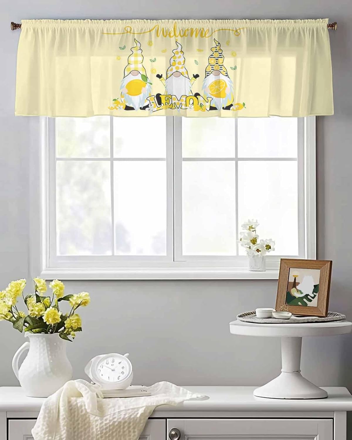 Sheer Valances for Windows Fruit Lemon Gnome Window Valances Rod Pocket Farmhouse Plants Green Leaves Yellow Window Treatment Sheer Curtains for Kitchen Living Room Bedroom Bathroom 54x18in