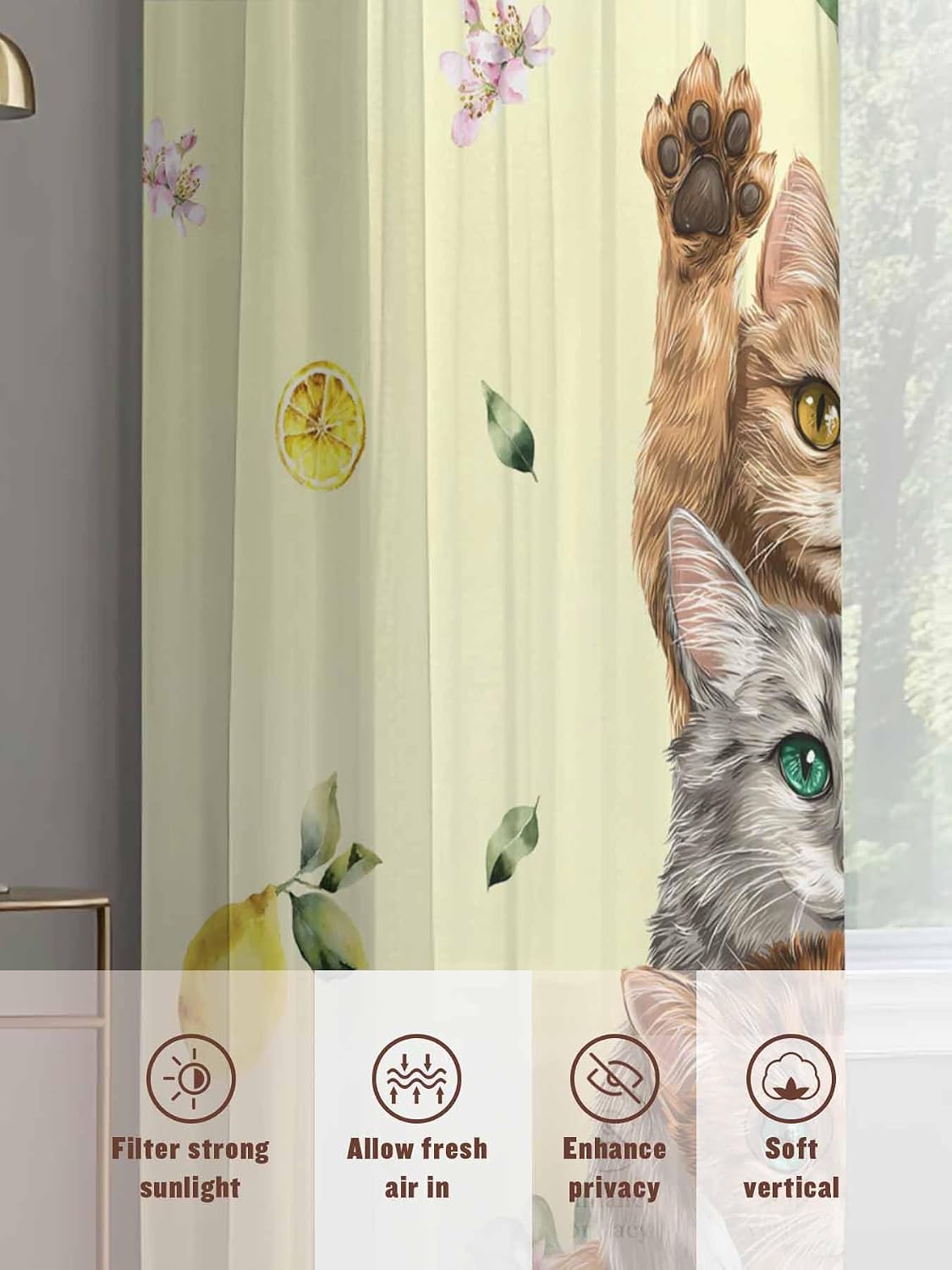 Lemons Cats Sheer Window Chiffon Curtains 54 Inches Long, Summer Rustic Botanical Fruits Yellow Windows Voile Curtain for Living Room, Elegant Light Filtering Window Drapes, 52"W x 54"L, 2 Panels