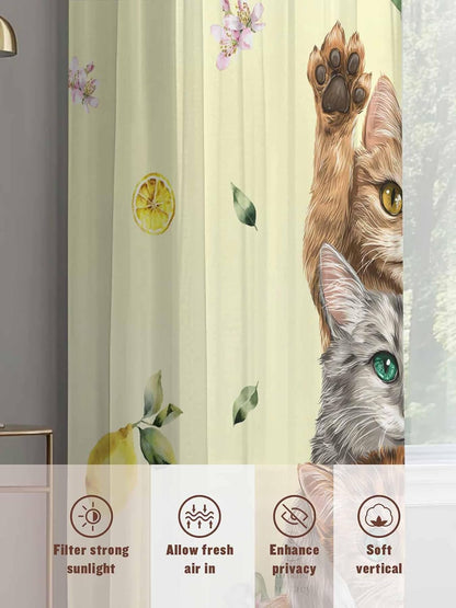 Lemons Cats Sheer Window Chiffon Curtains 54 Inches Long, Summer Rustic Botanical Fruits Yellow Windows Voile Curtain for Living Room, Elegant Light Filtering Window Drapes, 52"W x 54"L, 2 Panels