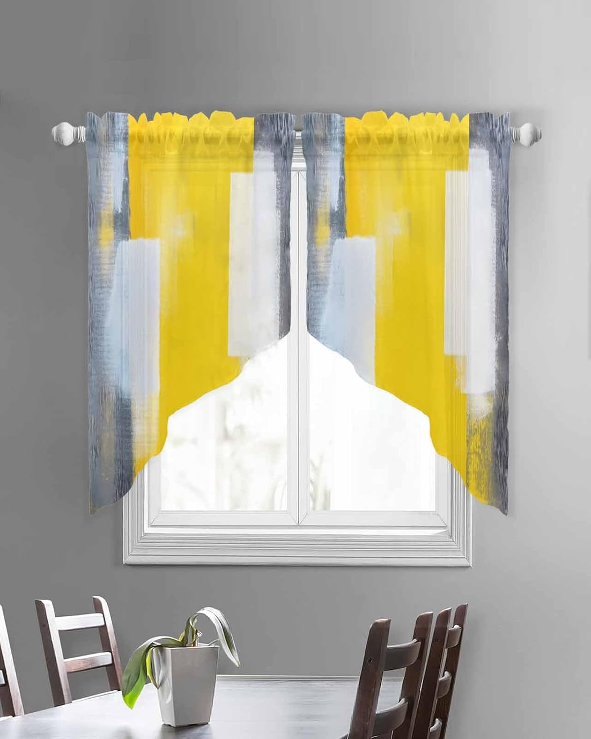 Gray Yellow White Geometric Sheer Curtains Swag Valances for Windows Gradient Abstract Mottled Paint Texture Rod Pocket Swag Curtain Small Window Curtain for Kitchen Living Room, 1 Pair 28"W x 36"L