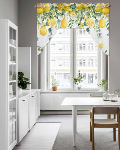 Yellow Lemon Swag Valances for Windows, Summer Fruit Swag Curtains for Kitchen, Living Room, Green Eucalyptus Leaf Flower Small Window Treatments Drapes Curtains for Cafe, Bathroom, Bedroom, 56"x36"