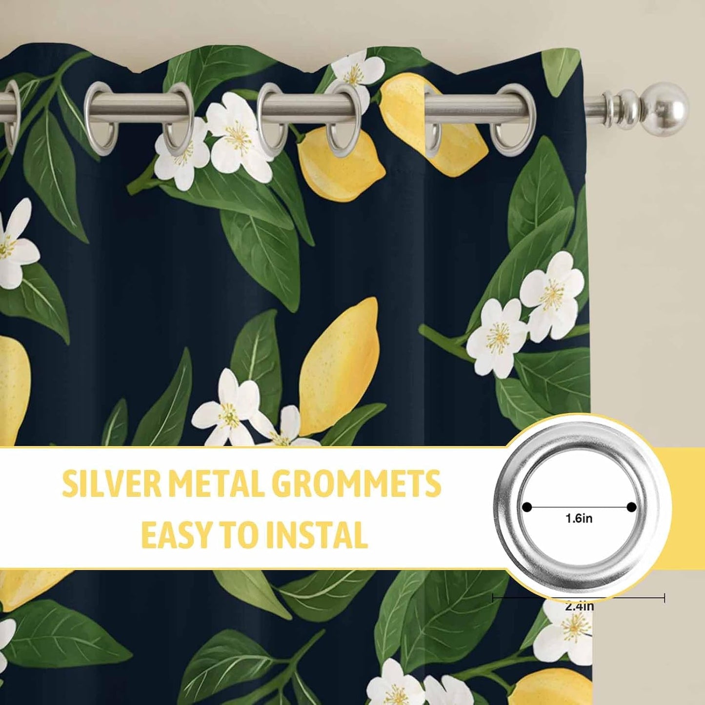 Lemons Yellow Summer Lemon Black Curtains for Bedroom and Living Room, Window Curtains Light Filtering Semi Sheer Window Drapes with Grommet (2 Panels, Each 52" W x 96" L)