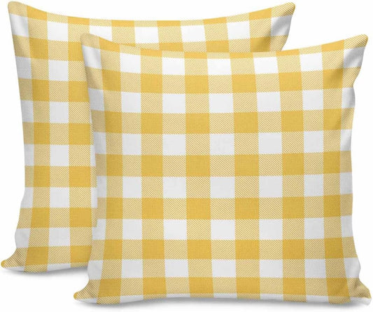 Yellow Buffalo Check Plaid Pillow Covers 18x18 Set of 2, Cotton Linen Reversible Throw Pillows Covers for Outdoor Couch Sofa Living Room, Farmhouse Style Decorations Pillow Cases Cushion Cover