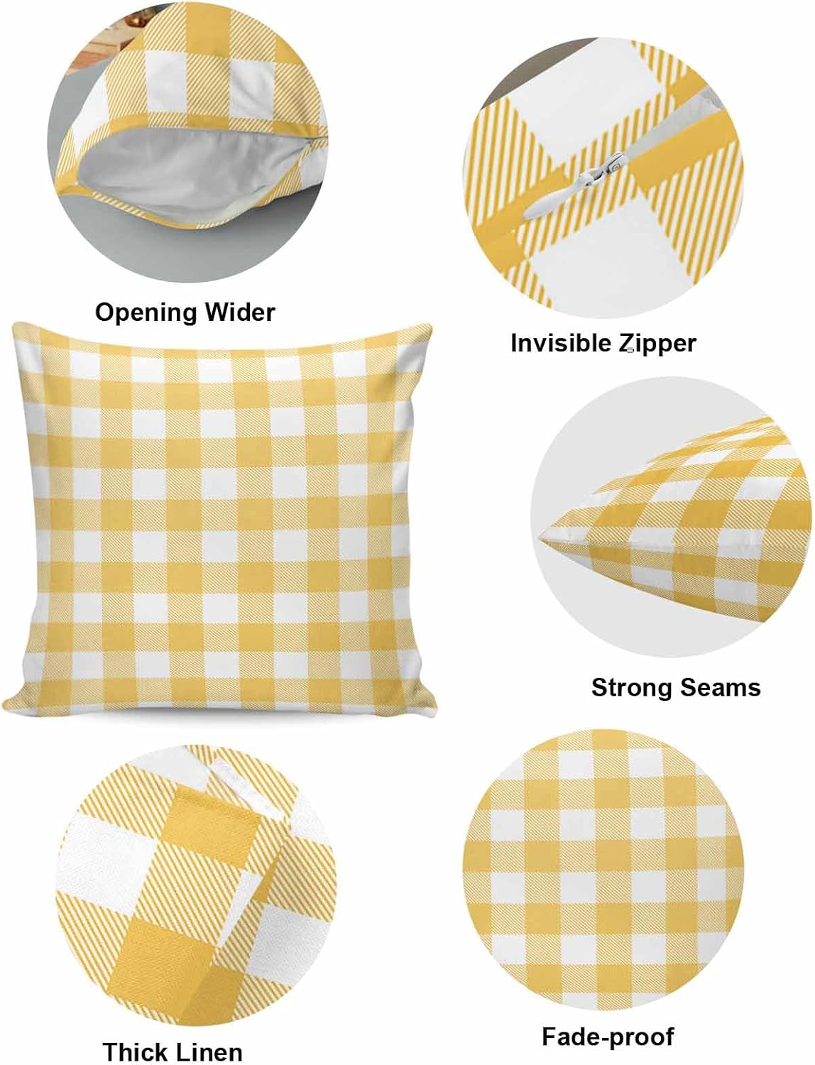 Yellow Buffalo Check Plaid Pillow Covers 18x18 Set of 2, Cotton Linen Reversible Throw Pillows Covers for Outdoor Couch Sofa Living Room, Farmhouse Style Decorations Pillow Cases Cushion Cover