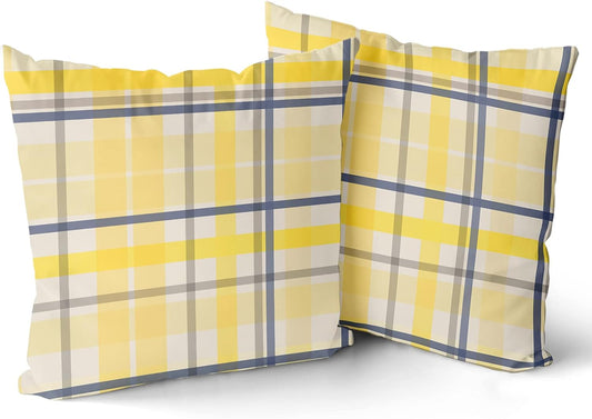 Yellow Navy Blue Pillow Covers 18x18 Set of 2 Light Yellow Grey Buffalo Plaid Decorative Throw Pillows Spring Summer Decorations Pillowcase Cotton Square Cushion Cover Decor for Home Couch Bed Soft