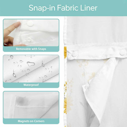 Floral Shower Curtain with No Hooks Snap in Liner Set, Yellow Flower Spring Bath Curtains See Through Sheer Top Window for Bathroom Hotel Style Decor,54"x78"