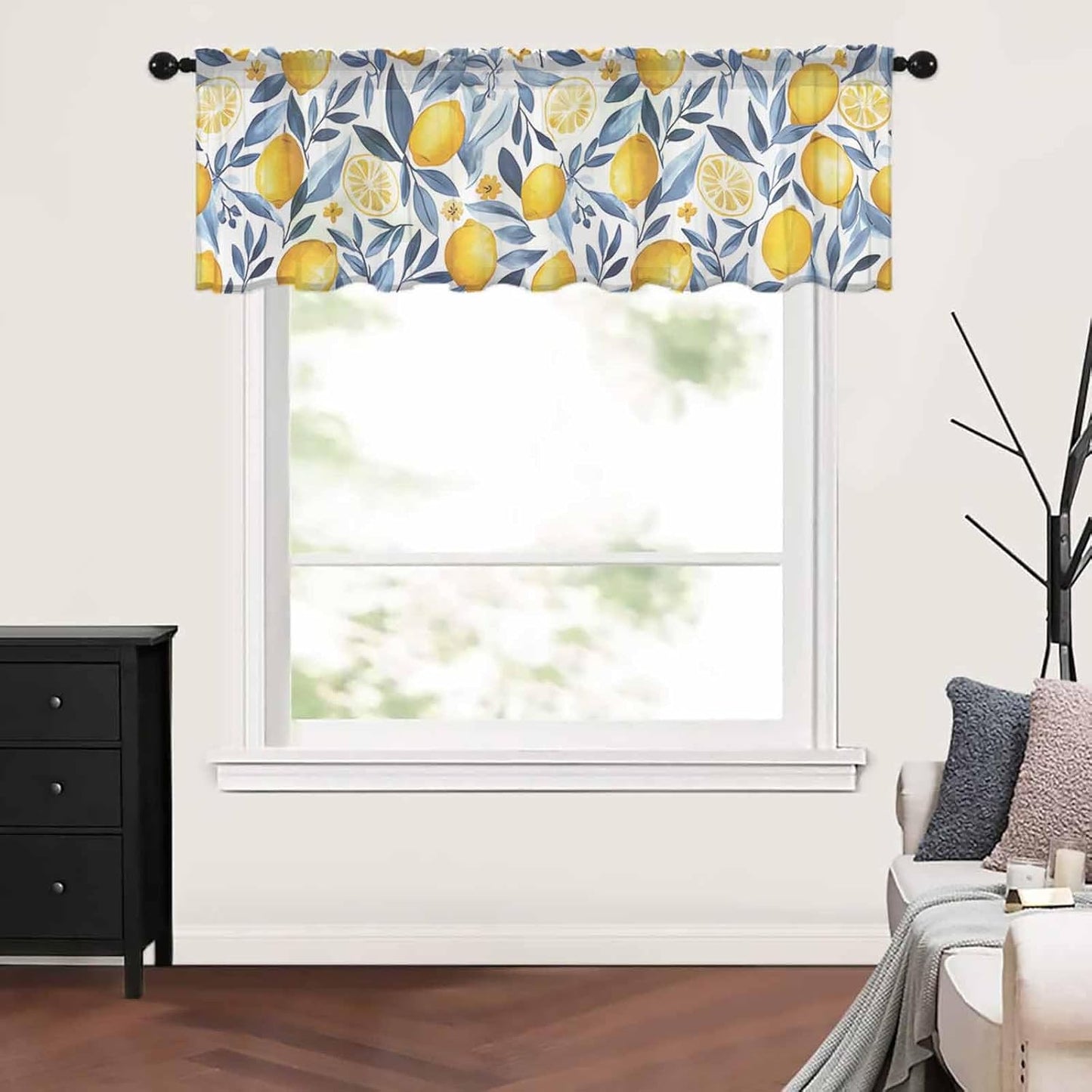 Yellow Lemon Valance Curtains for Kitchen/Living Room/Bathroom/Bedroom Window, Blue Flower Leaves Spring Summer Plant Rod Pocket Small Topper Half Short Window Curtains Voile Sheer Scarf, 54"x18"
