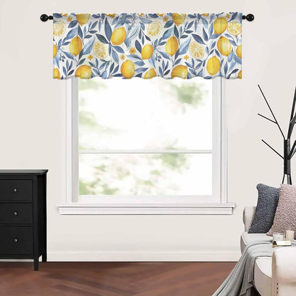 Yellow Lemon Valance Curtains for Kitchen/Living Room/Bathroom/Bedroom Window, Blue Flower Leaves Spring Summer Plant Rod Pocket Small Topper Half Short Window Curtains Voile Sheer Scarf, 54"x18"