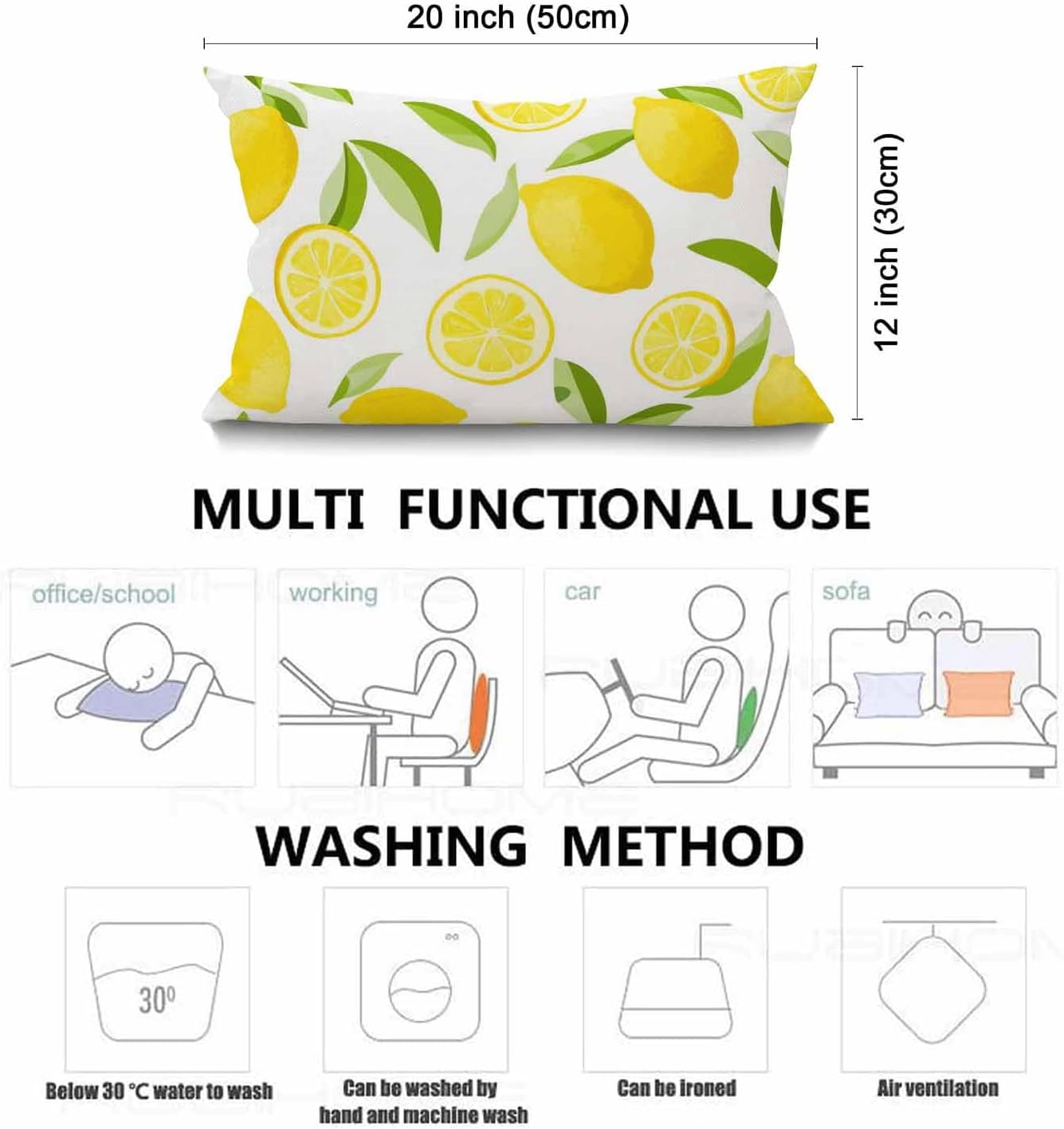 Smooffly Lemon Fruit Leaves Cotton Linen Throw Lumbar Pillow Case Cushion Cover Home Office Decorative Rectangle 12 X 20 Inches