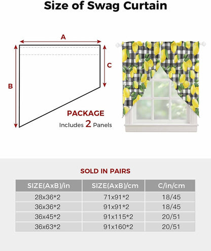 Yellow Lemon Swag Valances for Windows Summer Fruit Black Buffalo Plaid Country Semi Sheer Valance Curtains Voile Swags Topper Curtain for Kitchen Living Room Bedroom, 2 Panels, 36x36 Inch