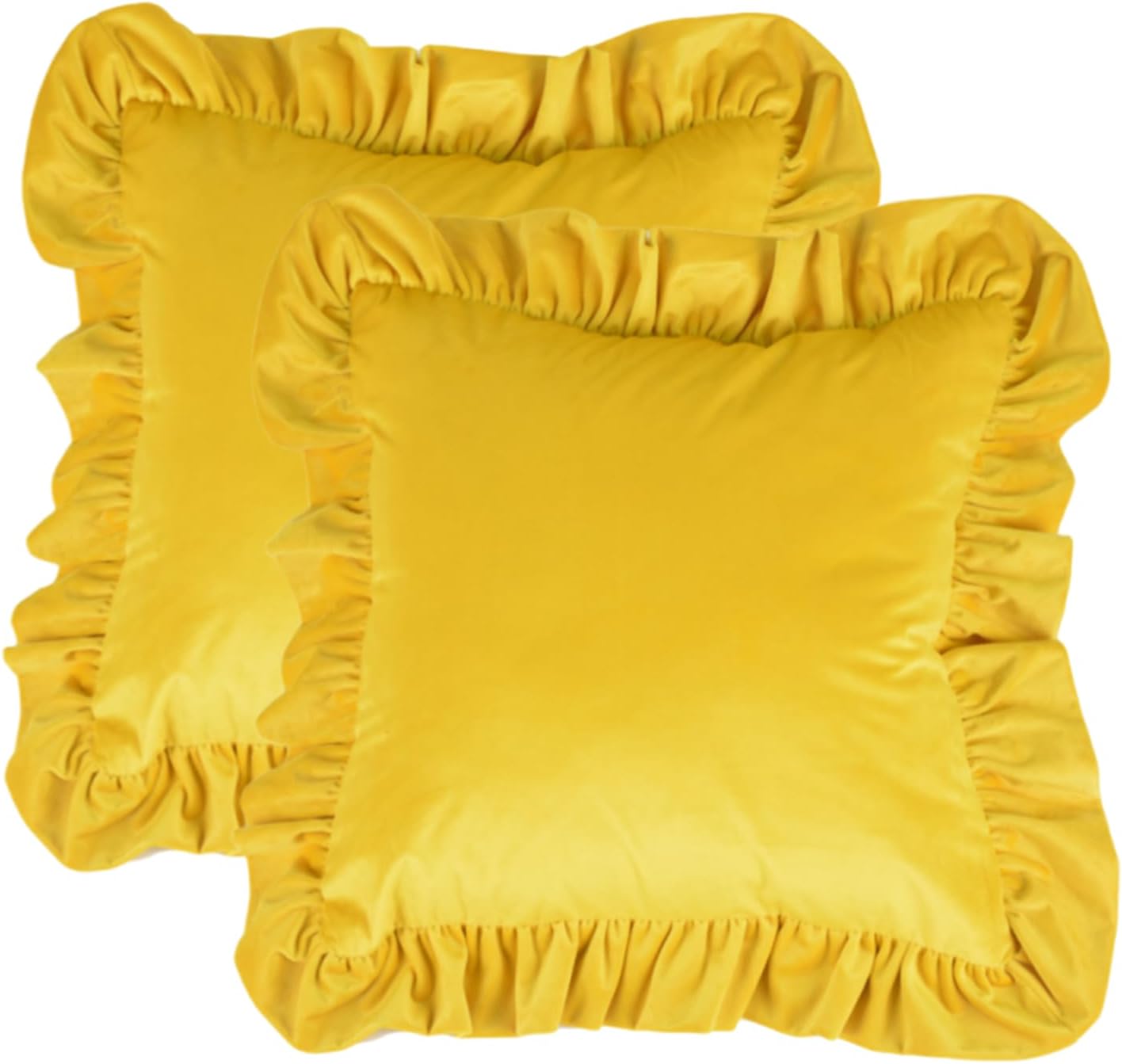 MOJUN Velvet Ruffled Throw Pillow Covers 18x18 Inch Set of 2, Soft Decorative Square Pillowcases with Ruffles Cushion Pillow Covers for Couch Sofa Bed Living Room Farmhouse, Yellow