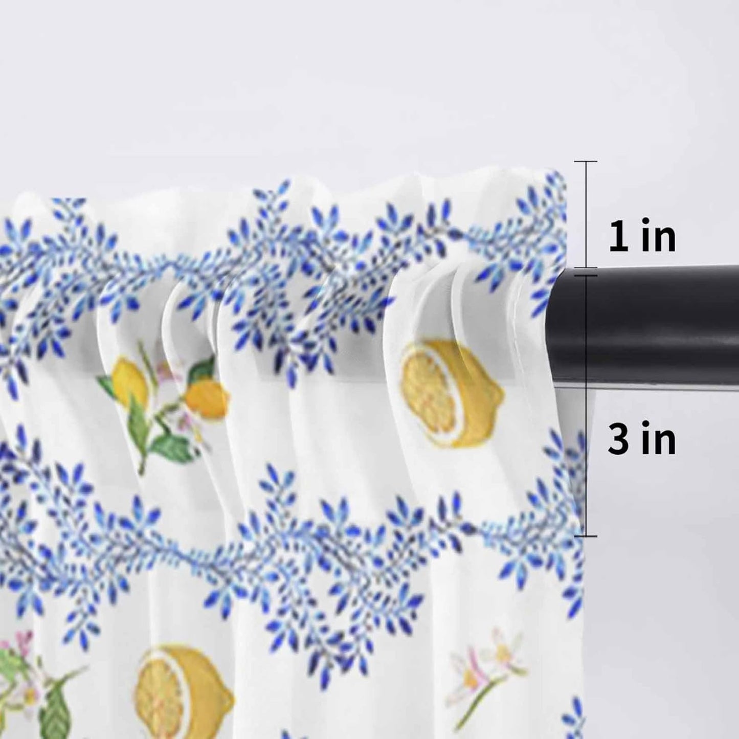 Sheer Window Valance Lemon Floral Semi Voile Short Curtain Rod Pocket Summer Fruit Blue Leaves Valances Window Treatment for Bedroom Living Room Kitchen 54x18in