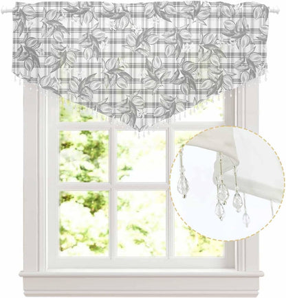 Daleng Beaded Sheer Valances for Windows Hand Painted Summer Lemon Flowers Grey Plaid Rod Pocket Triangle Valance Curtains 1 Pieces Tassels Voile Swag Curtains for Living Room Bedroom, 52x18 Inch