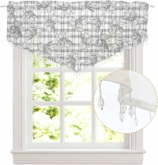 Daleng Beaded Sheer Valances for Windows Hand Painted Summer Lemon Flowers Grey Plaid Rod Pocket Triangle Valance Curtains 1 Pieces Tassels Voile Swag Curtains for Living Room Bedroom, 52x18 Inch