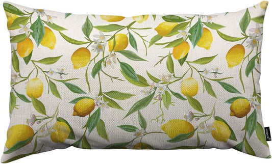 HOSNYE Lemon Throw Pillow Cover Fruits and Leaves Floral Linen Fabric for Couch Bed Sofa Car Waist Cushion Cover 12 x 20 inch Pillow Case