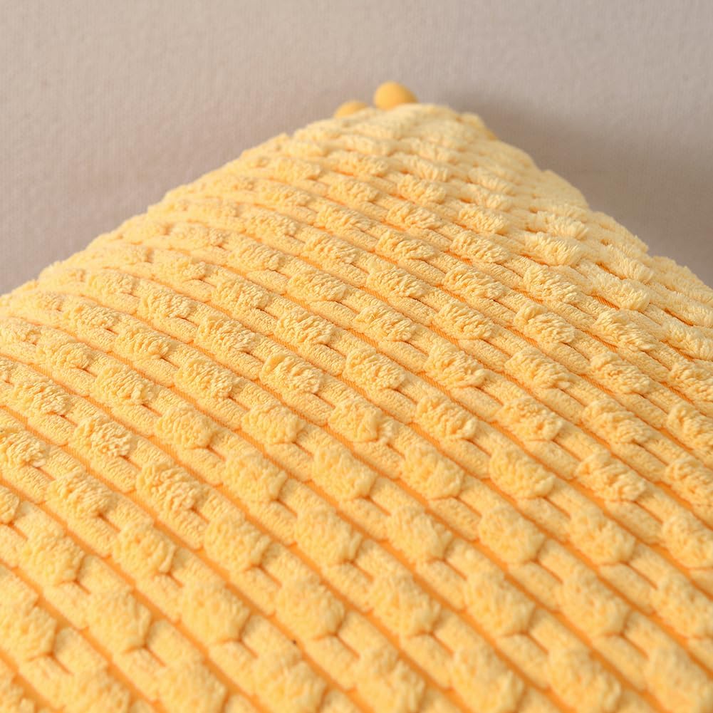 Fancy Homi Set of 2 Yellow Decorative Throw Pillow Covers 20x20 Inch with Pom-poms for Couch Bed Sofa, Modern Farmhouse Boho Spring Home Decor, Soft Plush Corduroy Cute Cushion Case 50x50 cm