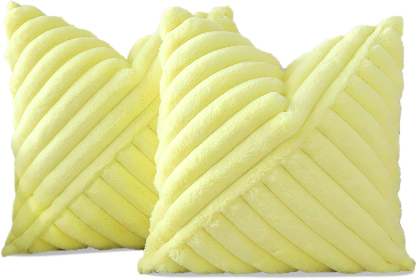 OTOSTAR Faux Fur Plush Throw Pillow Covers 16 x 16 Inch Fuzzy Soft Striped Decorative Velvet Pillow Case Couch Home Decor Pillow Covers for Sofa Bed Living Room Set of 2 (Lemon Yellow)