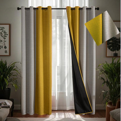 F-CHU 100% Blackout Curtains for Bedroom Grey and Mustard Yellow Patchwork Curtains Thermal Insulated Room Darkening Window Drapes for Living Room Grommet 63 inch Long 2 Panels