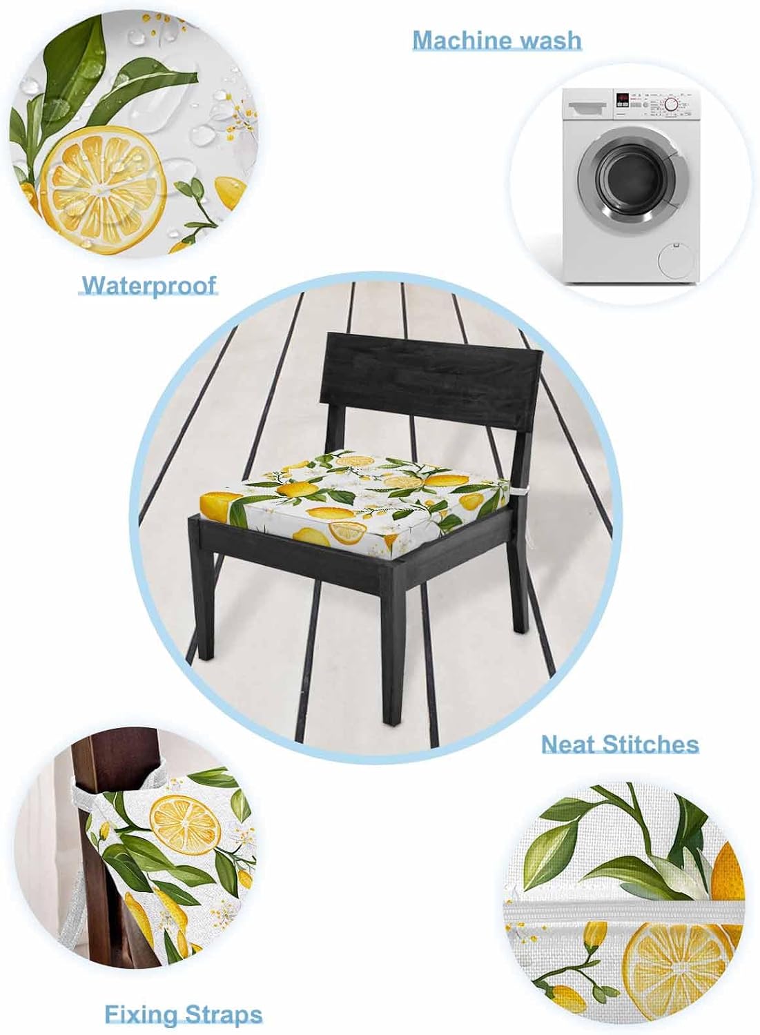 Lemon Summer Outdoor Cushion Cover Floral Lemon Yellow Green Waterproof Patio Chair Seat Slipcovers with Zipper & Tie Couch Cushion Covers Furniture Protector, 2 Pcs, 20"x18"x4"