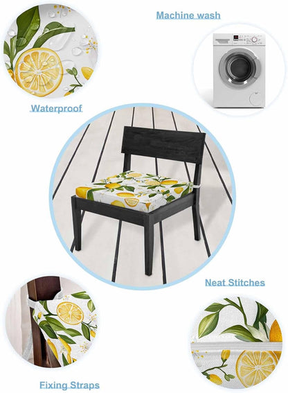 Lemon Summer Outdoor Cushion Cover Floral Lemon Yellow Green Waterproof Patio Chair Seat Slipcovers with Zipper & Tie Couch Cushion Covers Furniture Protector, 2 Pcs, 20"x18"x4"