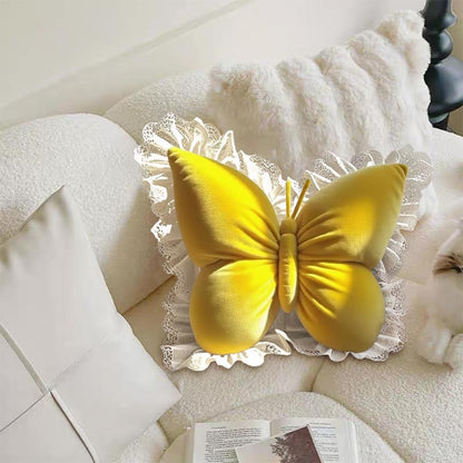 Butterfly Throw Pillow,21.6 inch Velvet Butterfly Decorative Pillow with Lace Trim,Animal Pillow for Couch Living Room Bed,Home Garden Decor (Yellow)