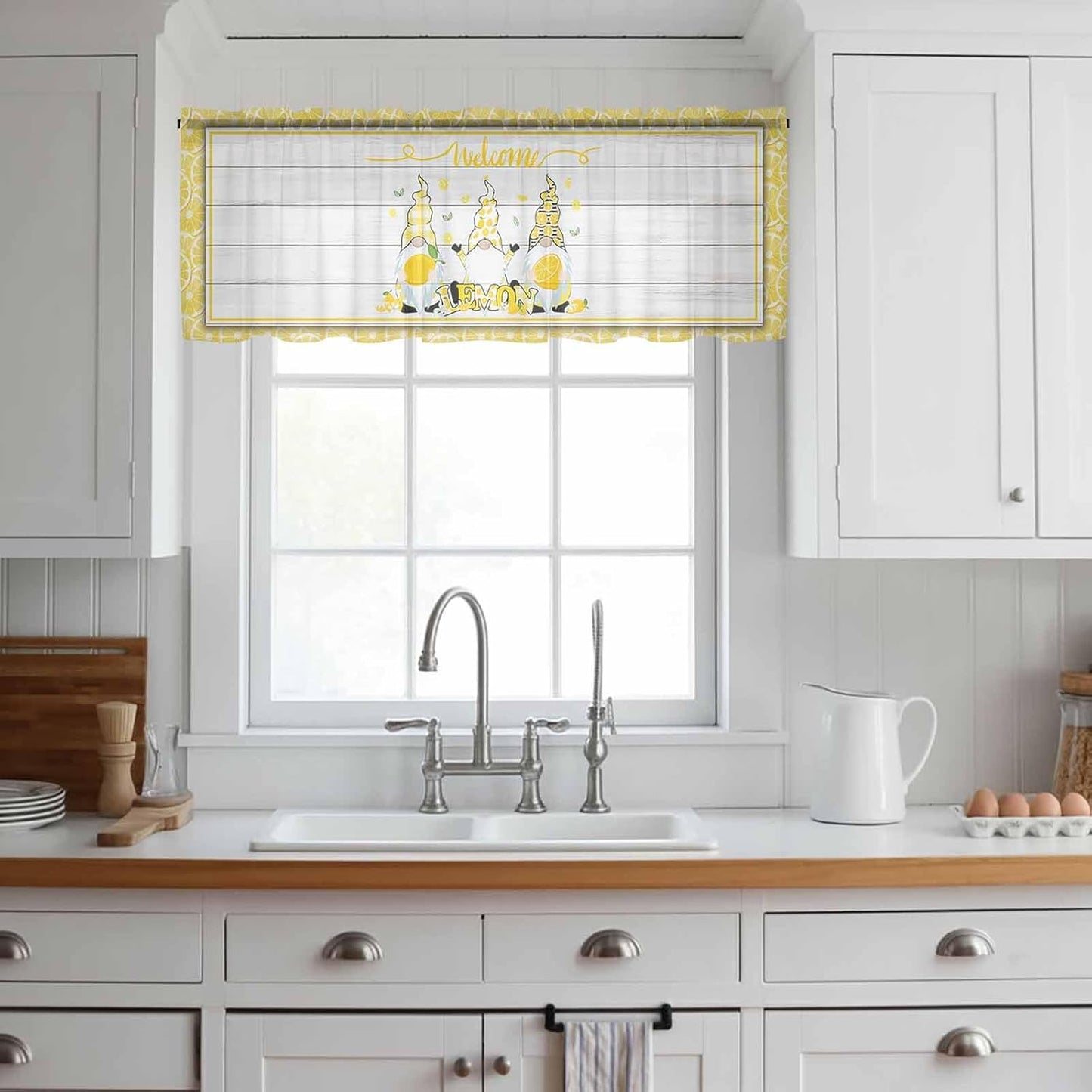 Sheer Valances for Windows Fruit Lemon Gnome Window Valances Rod Pocket Farmhouse Plants Wood Grain Window Treatment Sheer Curtains for Kitchen Living Room Bedroom Bathroom 54x18in