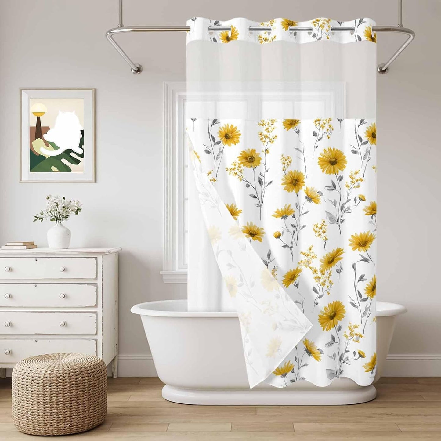 Floral Shower Curtain with No Hooks Snap in Liner Set, Yellow Flower Spring Bath Curtains See Through Sheer Top Window for Bathroom Hotel Style Decor,54"x78"