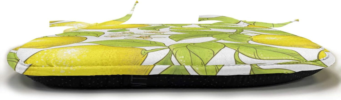 Lunarable Food Chair Seating Cushion Set of 6, Citrus Motifs from Lemon Branches and Blossoms Natural Art Illustration, Anti-Slip Seat Padding for Kitchen & Patio, 16"x16", Yellow and Apple Green