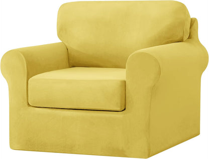 UNBBRRL 3 Pieces Couch Covers for Sofa, Stretch Velvet Armchair Slipcover with 1 Seat Cushion Cover and 1 Backrest Cover for Ektorp Settee Replacement (Lemon Yellow,1 Seater)