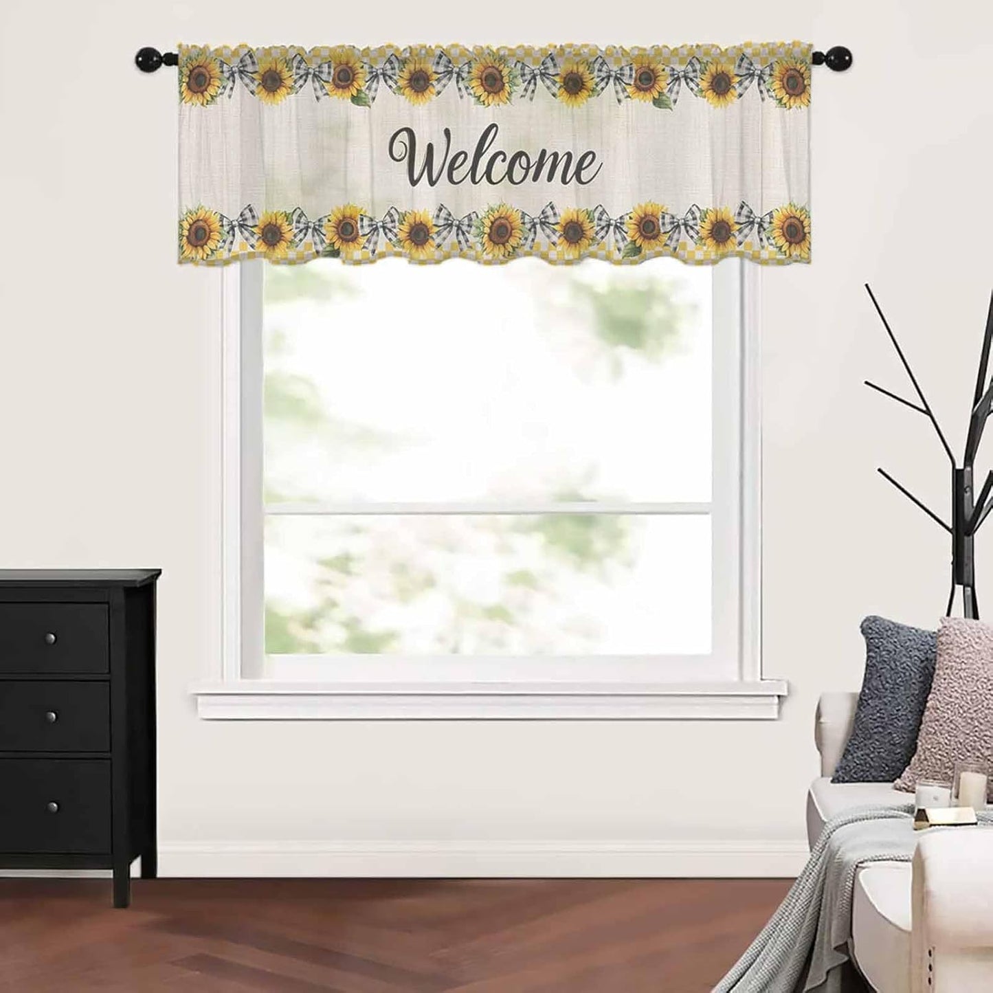 Sunflower Sheer Valance Curtains, Welcome Bow Yellow Buffalo Plaid Rustic Linen Light Filtering Kitchen Valances Rod Pocket Short Voile Curtains for Bedroom/Living Room/Basement 42Wx12L
