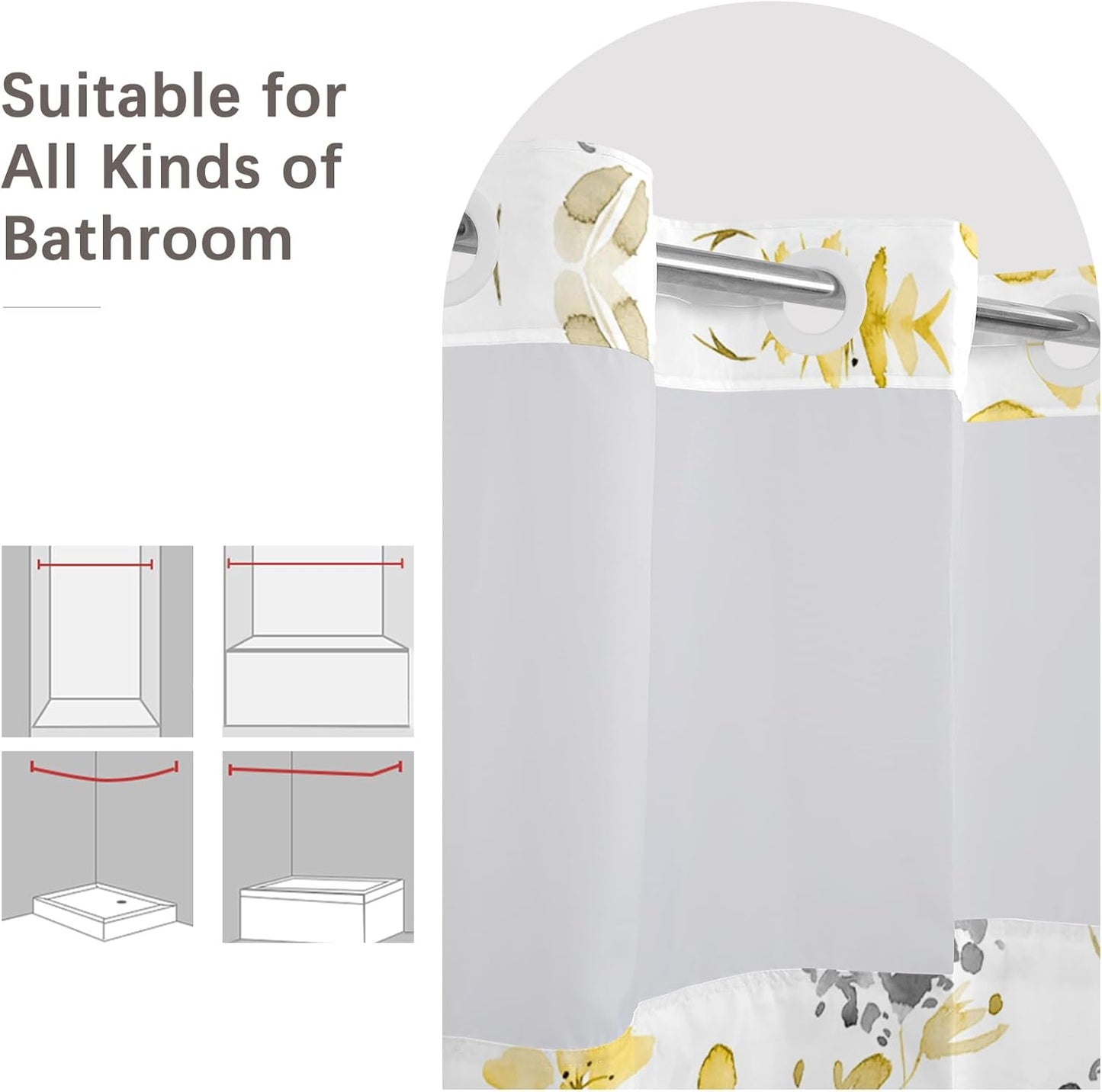 No Hook Shower Curtain,Yellow Gray Floral Double-Layered Shower Curtain with Snap-in Liner and Weights,Watercoor Flower Leaves Fabric Bath Curtain with See Through Mesh, 71x74in