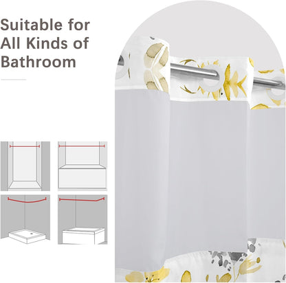 No Hook Shower Curtain,Yellow Gray Floral Double-Layered Shower Curtain with Snap-in Liner and Weights,Watercoor Flower Leaves Fabric Bath Curtain with See Through Mesh, 71x74in