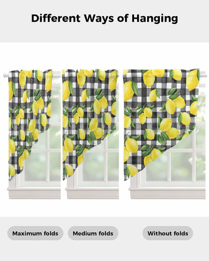 Yellow Lemon Swag Valances for Windows Summer Fruit Black Buffalo Plaid Country Semi Sheer Valance Curtains Voile Swags Topper Curtain for Kitchen Living Room Bedroom, 2 Panels, 36x36 Inch