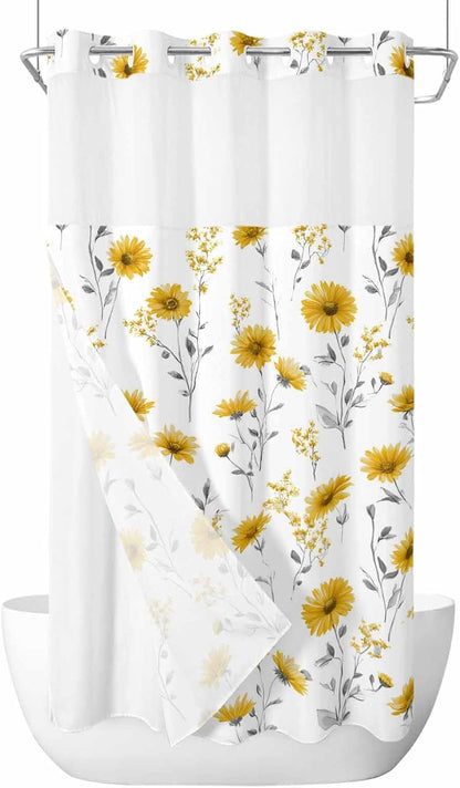 Floral Shower Curtain with No Hooks Snap in Liner Set, Yellow Flower Spring Bath Curtains See Through Sheer Top Window for Bathroom Hotel Style Decor,54"x78"