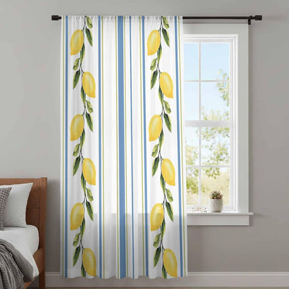 Lemon Striped Sheer Curtains 72 Inch Length Yellow Fruit Blue White Geometric Chiffon Curtain for Bedroom Living Room Light Filtering Rod Pocket Window Treatments Voile Curtains Drapes for Dining