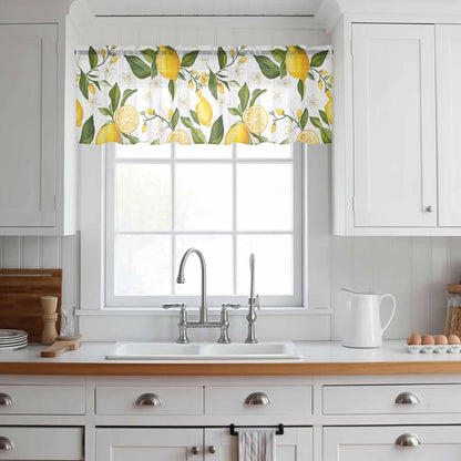 Lemon Summer Sheer Curtain 18 Inch Long Floral Lemon Yellow Green Light Filtering Rod Pocket Voile Curtain Valance for Bedroom Kitchen Cafe Window 54" W x 18" L