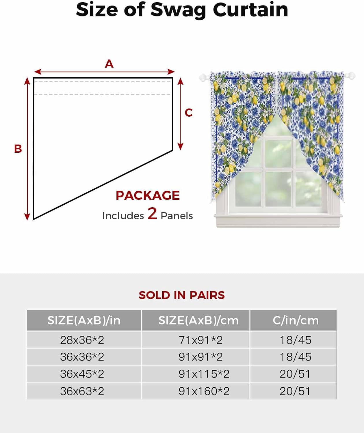 Summer Lemons Swag Curtains 36 Inch Length 2 Panels Set, Watercolor Yellow Fruits Blue Flowers Semi-Sheer Curtain Drapes Rod Pocket Valance For Kitchen,Living Room,Bedroom,Bathroom,Cafe 56"Wx36"L