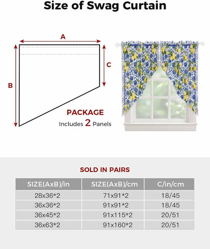 Summer Lemons Swag Curtains 36 Inch Length 2 Panels Set, Watercolor Yellow Fruits Blue Flowers Semi-Sheer Curtain Drapes Rod Pocket Valance For Kitchen,Living Room,Bedroom,Bathroom,Cafe 56"Wx36"L