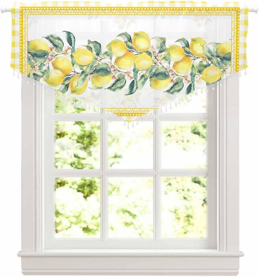 Beaded Sheer Valances for Windows, Yellow Lemon Farmhouse Tassel Bead Trim Bedroom Valance, Summer Botanical Plaid Elegant Pastoral Light Filtering Curtains Valances for Kitchen/Cafe, 52"x18", 1 Panel