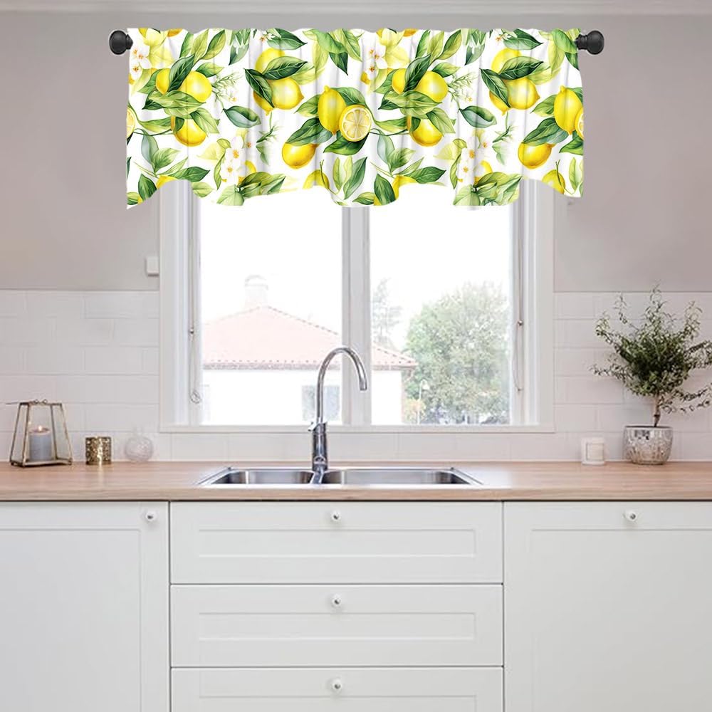 Yongqian 18x54inch Lemon Fruit Window Treatment Valance Watercolor Print Green Leaves Yellow Lemon Window Valance with Rod Pocket Kitchen Dining Room Decoration