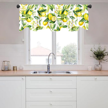 Yongqian 18x54inch Lemon Fruit Window Treatment Valance Watercolor Print Green Leaves Yellow Lemon Window Valance with Rod Pocket Kitchen Dining Room Decoration