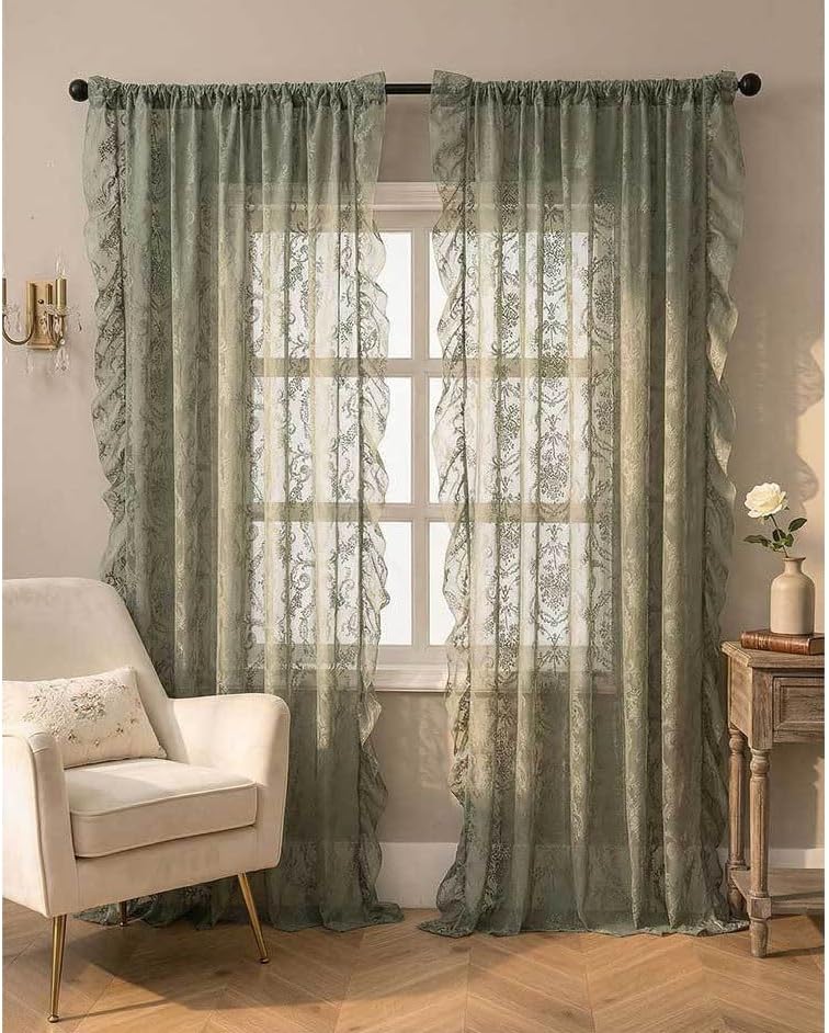 Living Room Lace Curtains 63/79/102 inch Long, 2 Panels Rustic Floral Vintage Sheer Window Curtains with Ruffle Rod Pocket for Balcony Bedroom(Yellow,140x160cm/55x63inch)