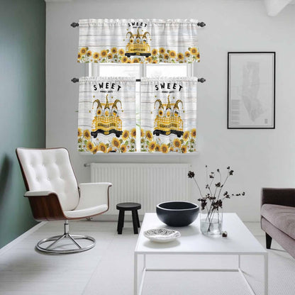 Gnomes Sunflowers Kitchen Curtains Set, Tier Curtain 36 Inches Length, Country Yellow Floral Bees Farmhouse Wooden Window Treatment Valance and Tiers Set Decor for Living Room/Bedroom
