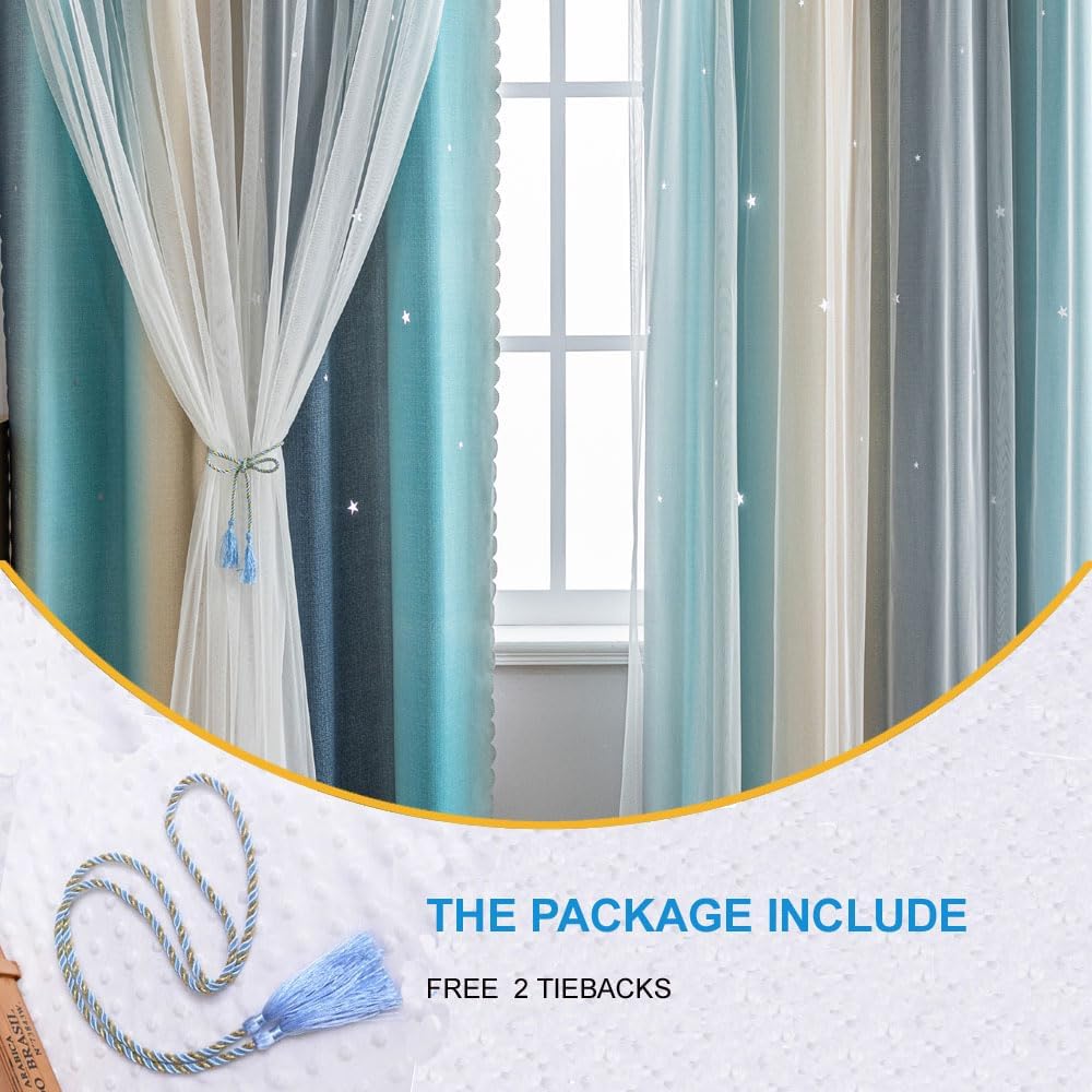 Star Girl and Kids Curtains for Bedroom Rainbow Ombre Double Layer Cute Shot Nursery Darkening Grommet Princess Room Décor 2 Panels Living Room Window Curtain (Yellow-Blue, 52W x 63L)