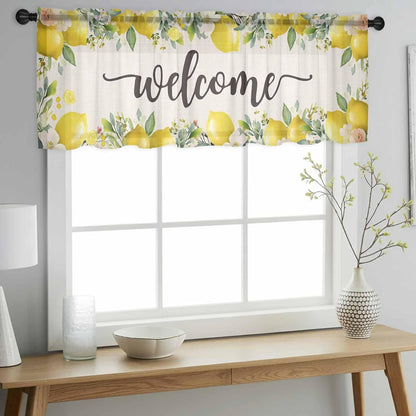Country Sheer Curtain 18 Inch Long Welcome Yellow Lemon Farm Linen Texture Light Filtering Rod Pocket Voile Curtain Valance for Bedroom Kitchen Cafe Window 54" W x 18" L