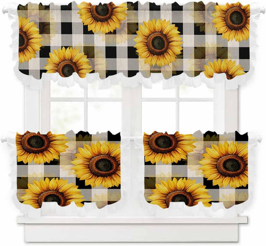 Abstract Yellow Sunflower Sheer Kitchen Curtains and Valance Set Black White Plaid Linen Texture Ruffle Tier Curtain Light Filtering Small Window Drapes for Cafe Living Room, 3 Pieces, 54" x 24"